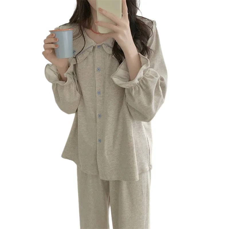 

Women's Clothing Pajama Set Autumn and Winter New Korean Version Sweet Stripe Long Sleeves Pants Cute Homewear Set