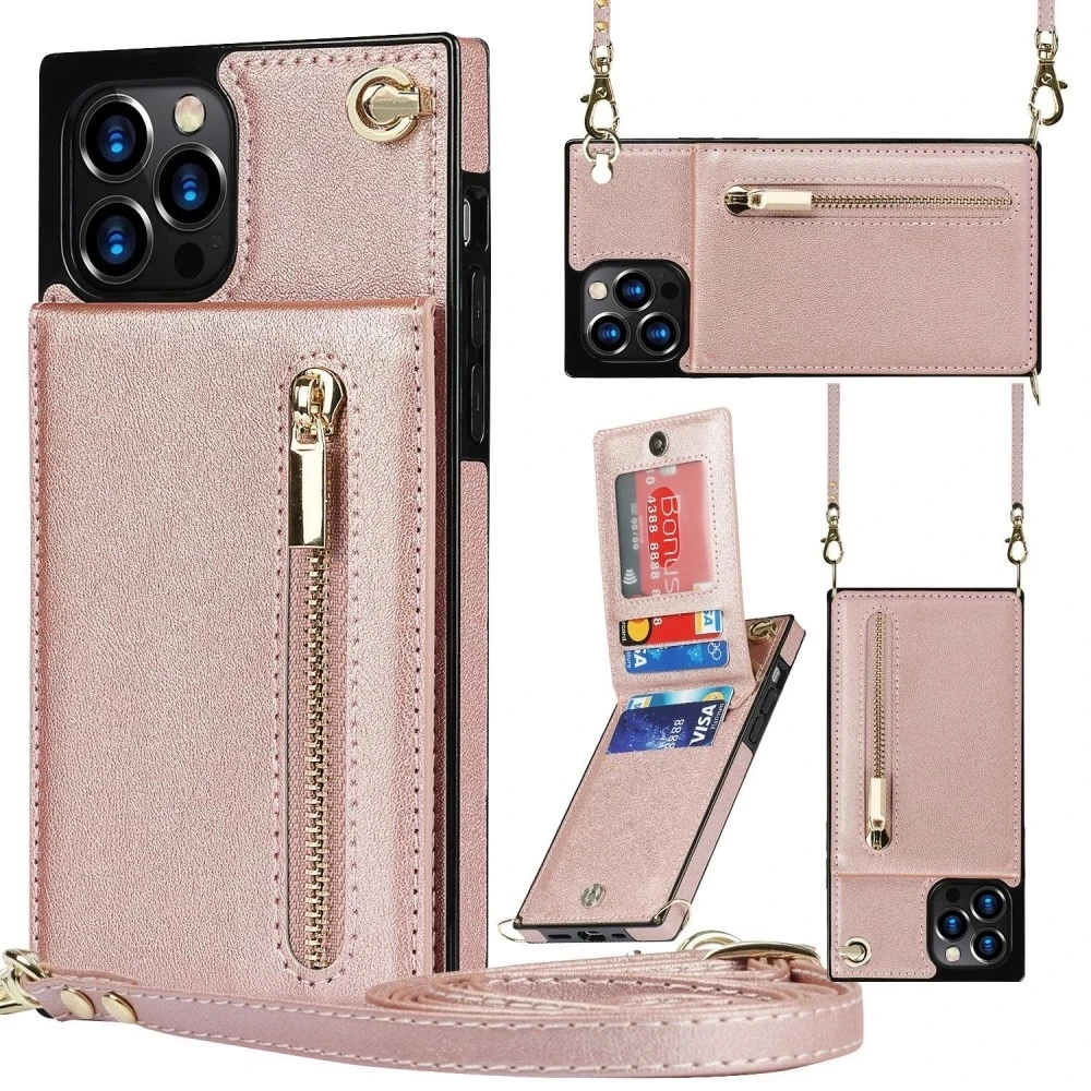 Wallet Case for iPhone 15 14 Pro Max Plus 13 12 Mini 11 X XS XR, Flip Folio Purse Case, Zipper Handbag with Detachable Strap