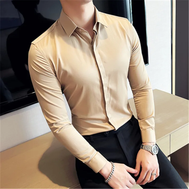 웨딩 드레스 셔츠 우아한 Camisa 비즈니스 셔츠 남성 턴 다운 넥 긴 소매 블라우스 남성 단색 남성 의류, 2023