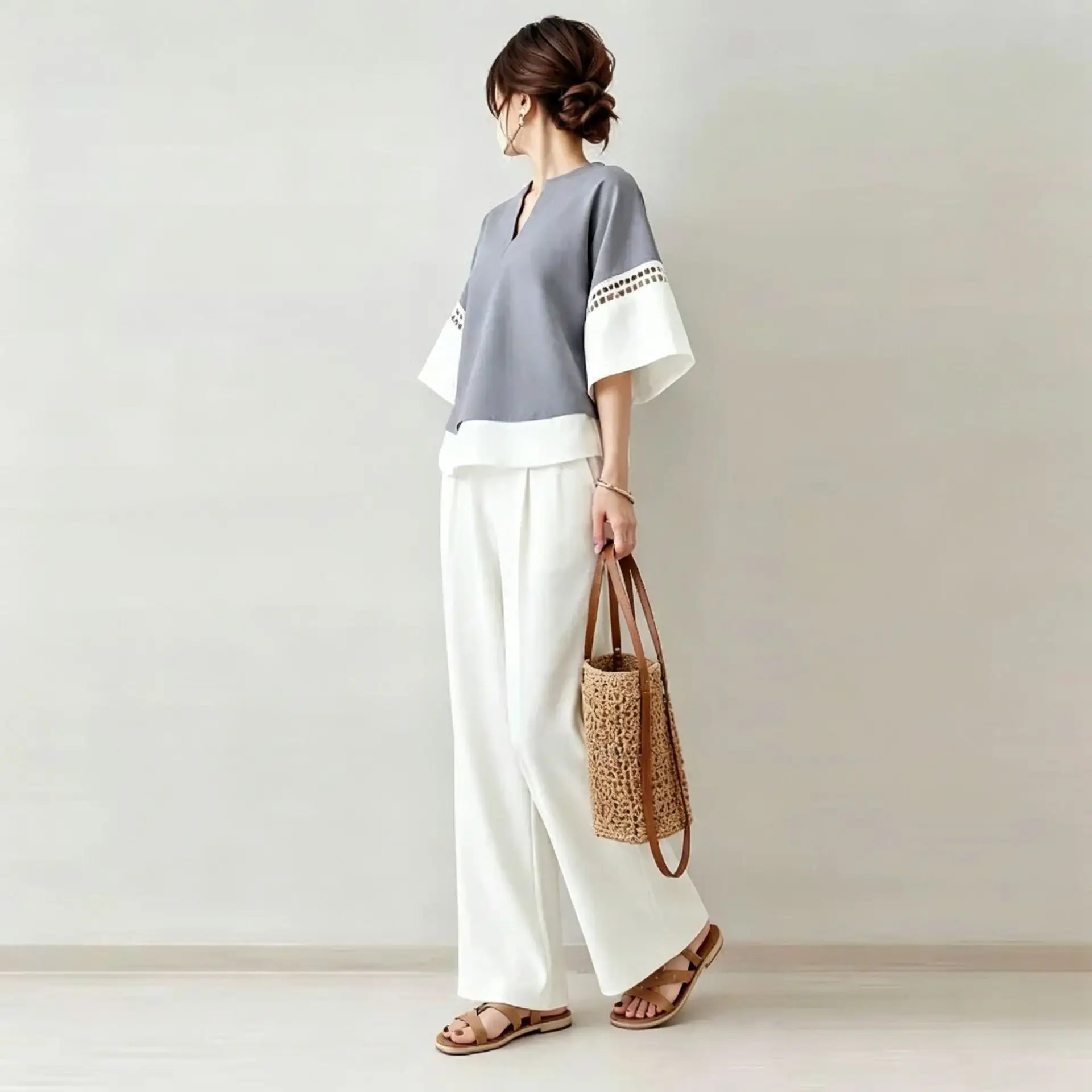 2026 New Two-piece Set: V-neck Color-block Hollow Out 5/4 Sleeve Top And Wide-leg Trousers Birthday Dress Midi Robe Vestidos - view 2