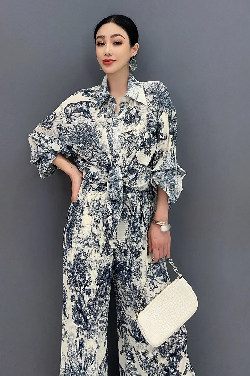 Vefadisa 2024 Summer New Women Vintage Printed Set Lapel Long Sleeved Shirt Loose Wide-leg Pant Set Fashion Casua Suit ZXY638A