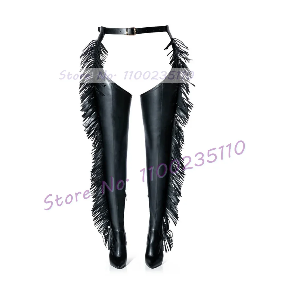 Belted Stiletto Fringe Stretch Crotch Boots Women Pointy Toe High Heels Sexy Shoes Ladies Western Style Party Thigh High Boots