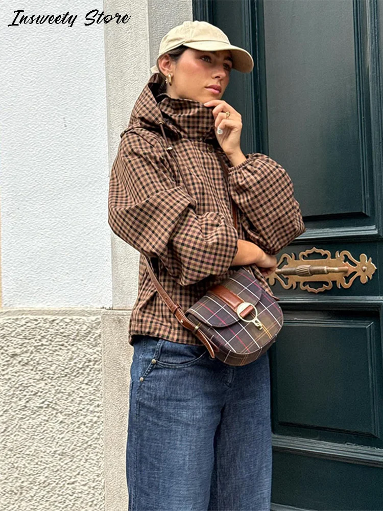 Chaqueta de camisa a cuadros con capucha para mujer, estilo casual, holgada, de manga larga, con botones, nueva colección primav