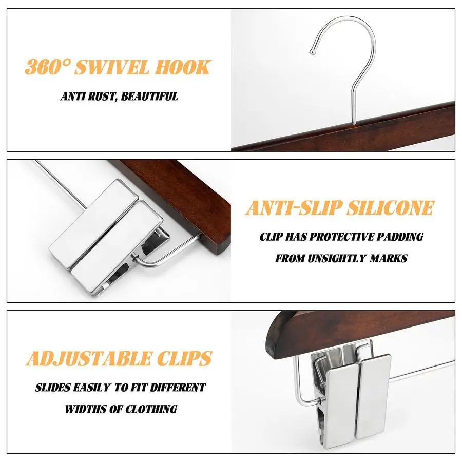 4 Peças Cabide de Madeira para Saias e Kilt, 20 Polegadas, com 4 Clipes para Armário, Marrom Noz