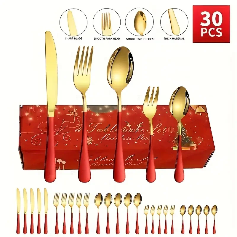 

30pcs Stainless steel tableware Christmas gift box Round handle knife, fork and spoon Holiday party tableware Christmas gift
