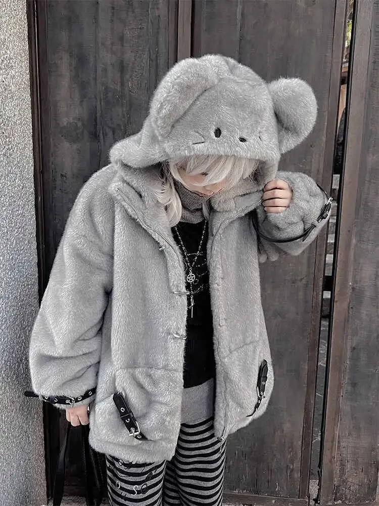 

Cute Mouse Big Ear Lamb Fur Women's Winter Loose Cool Fluffy Warm Cotton Coat Korean Commute