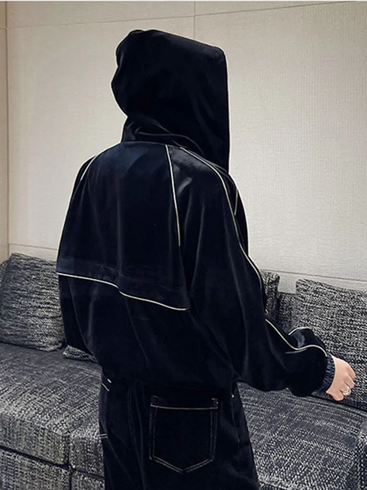 Casual Men's Black Hooded Jacket Velvet Zipper Decoration 2022 New Korean Style Simple Slim Fashion Loose Top 2A1832