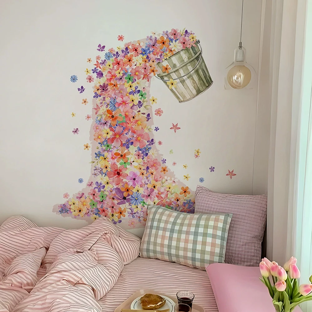 Magic Bucket-Overflow Colorful Flowers Waterproof Wall StickerKids Room Living Room Decor