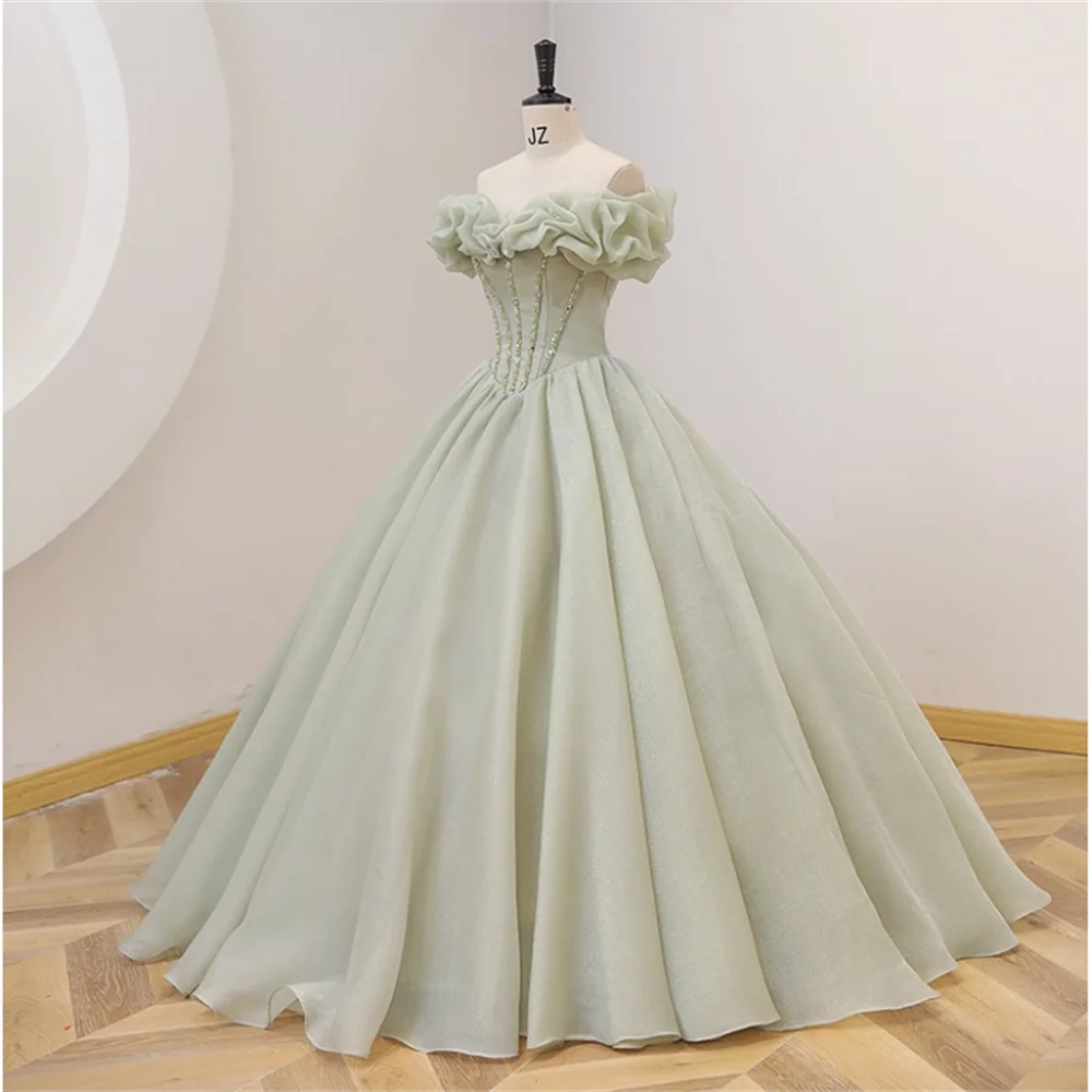 Vestido de novia de tul elegante verde claro, sesión de fotos de Corea, vestido de novia con manga acampanada, largo hasta el suelo personalizado ﻿ A037