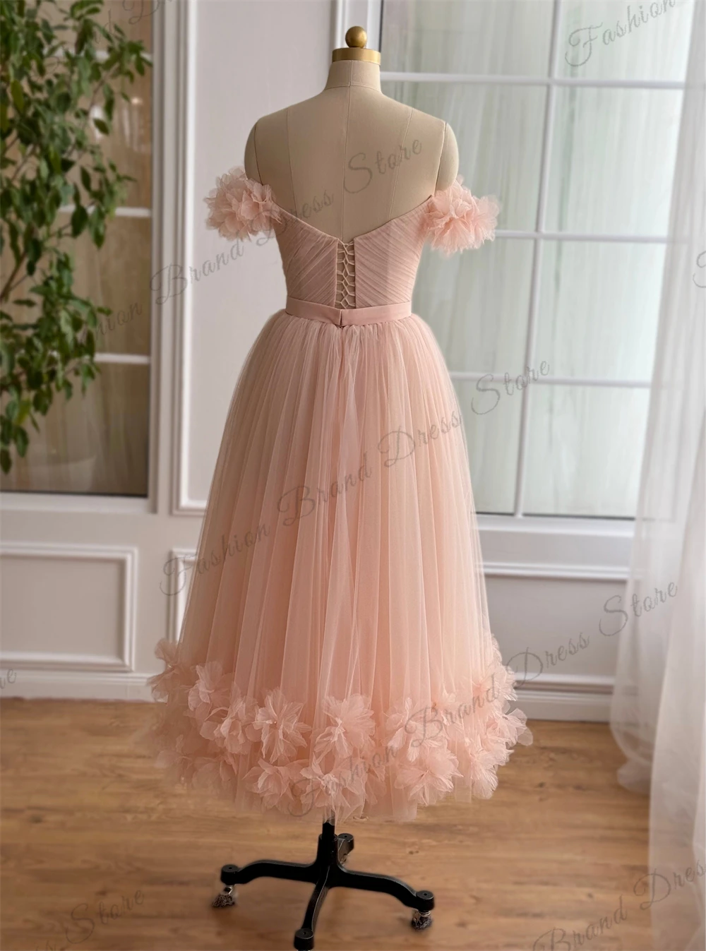 Tulle Off-the-shoulder Strapless 3D Flower Cocktail Dresses Pleated Corset Graduation Gowns A-Line Tea-length Homecoming Gowns