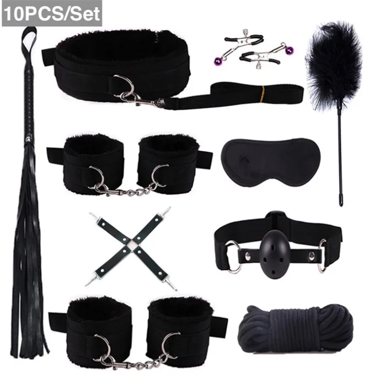 10PCS BDSM Bed Restraints Sex Toy Kits Handcuffs 18+ Adult Sex Game Sexy Suit Nipple Clipper Mouth Gag Whip Sex Feather Soft SM