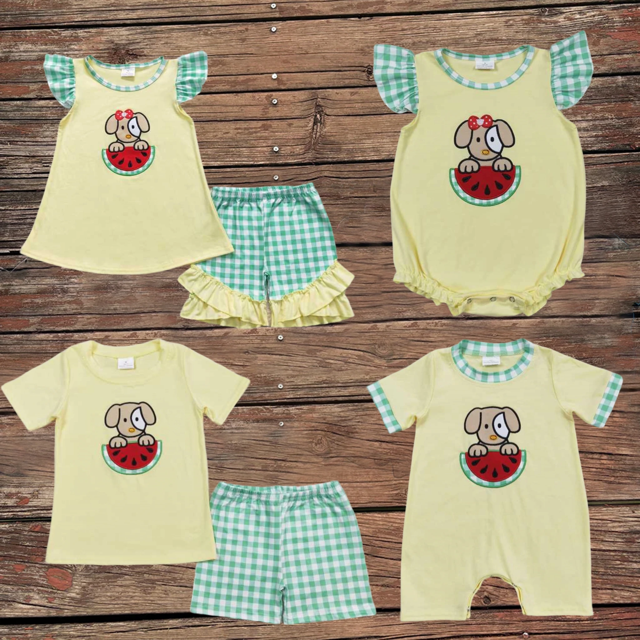 

Wholesale Baby Girl Short Sleeves Embroidery Dog Watermelon Sibling Boys Rompers Toddler Clothes Set Kids Children Summer Outfit