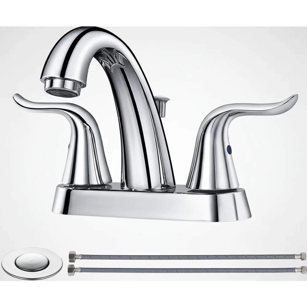 

2-Handle 4-Inch Centerset Bathroom Sink Faucet with Lift Rod Drain Stopper, Chrome Finish for Easy Installation