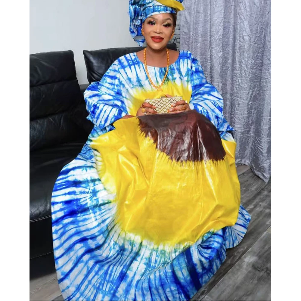

Blue And Yellow African Women Wedding Dress Brocade Embroidery With Riche Decoration Nigerian Bride or Bridesmaid Boubou Robe