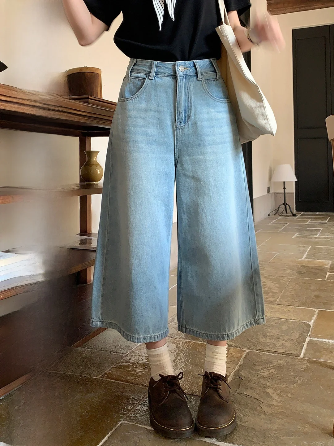 

High Waist Wide Leg Jeans Retro Wave Pattern Casual Spring Loose Fit Slimming ort Women's Denim Pants Straight Cut Zipper