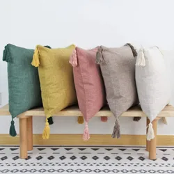 Solid Linen Pillow/Cushion Covers European With Tassels Throw Pillow Sham 18x18inch Home Decor Square Decorative for Couch Kids