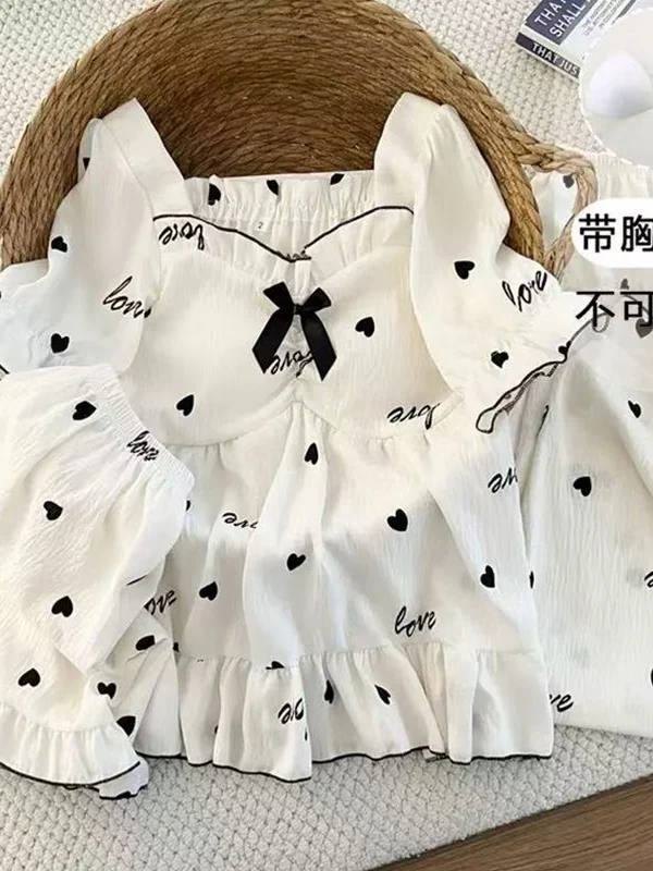 

Women's Three-Piece Sleepwear Set with Chest Pad Casual Short Sleeve Long Pants Shorts College Style Outdoor Wear Home Clothes