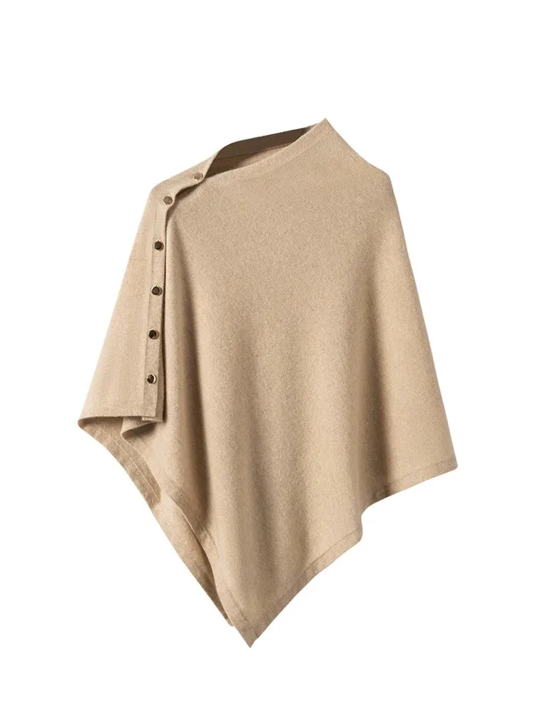 zjaiss Solid Color Warm Side Button Knit Cape 2026 New Autumn Winter Women Pure Cashmere Shawl Poncho Outerwear
