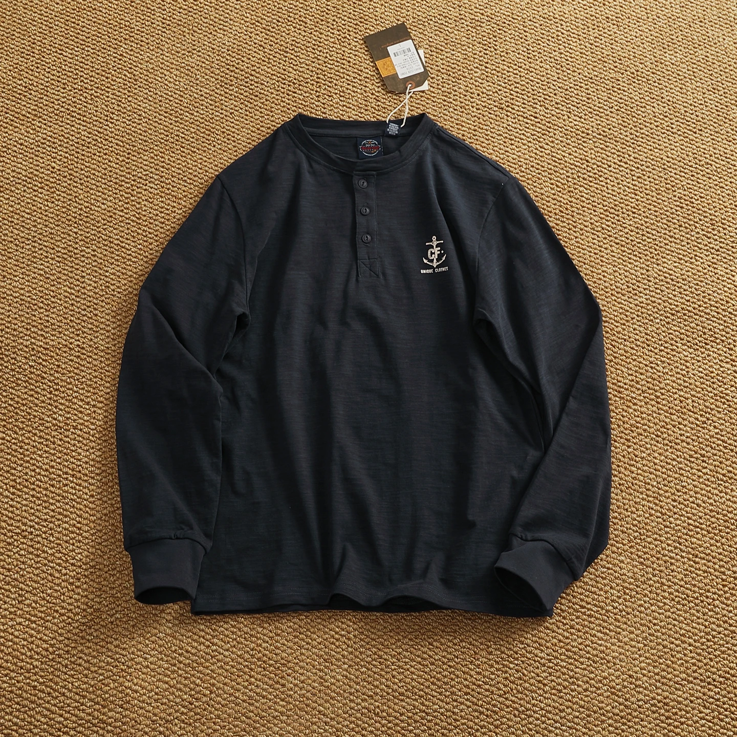 Retro Henry Neck Long Sleeve T-shirt for men's thick heavy pure cotton wash and old buttoned neck simple T-shirt