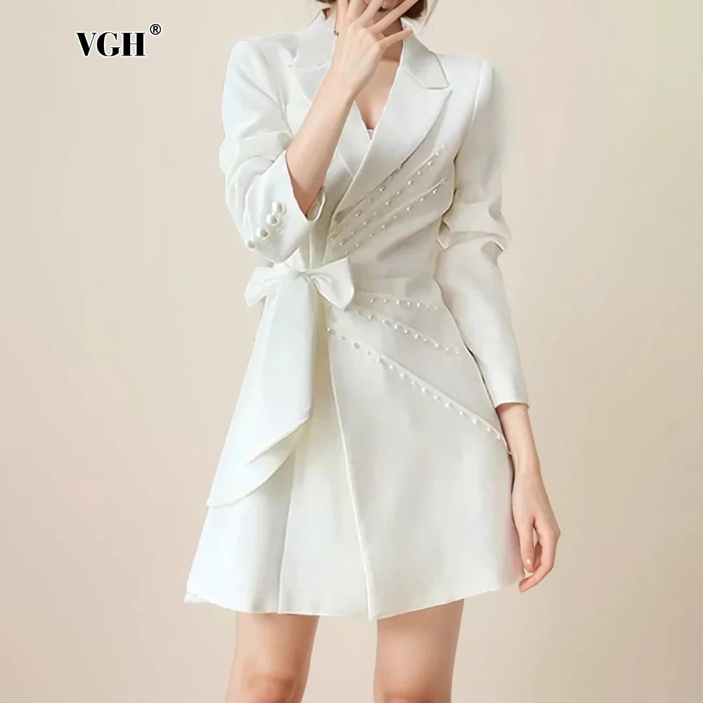 

VGH Elegant Solid Chic Folds Dresses For Women Lapel Long Sleeve High Waist Spliced Bowknot Slimming Pearl Short Dress Female