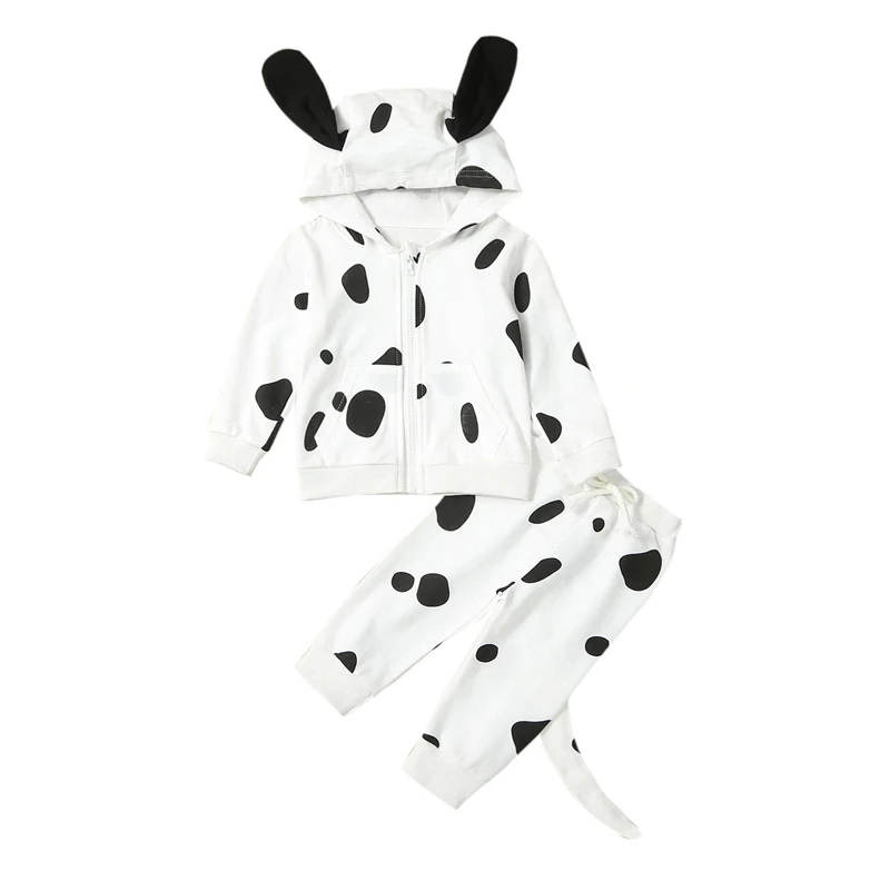 

Baby Dalmatian Costume Toddler Kids Boy Girl Halloween Outfits Puppy Spotted Dog Sweatshirt Zipped Hooded Pants Set