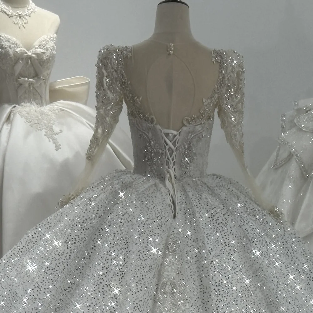 Vestidos De Noiva Casamento manga larga cuello redondo ojo De cerradura espalda vestido De novia rebordear lentejuelas estrella vestido De bola De cristal vestido De novia