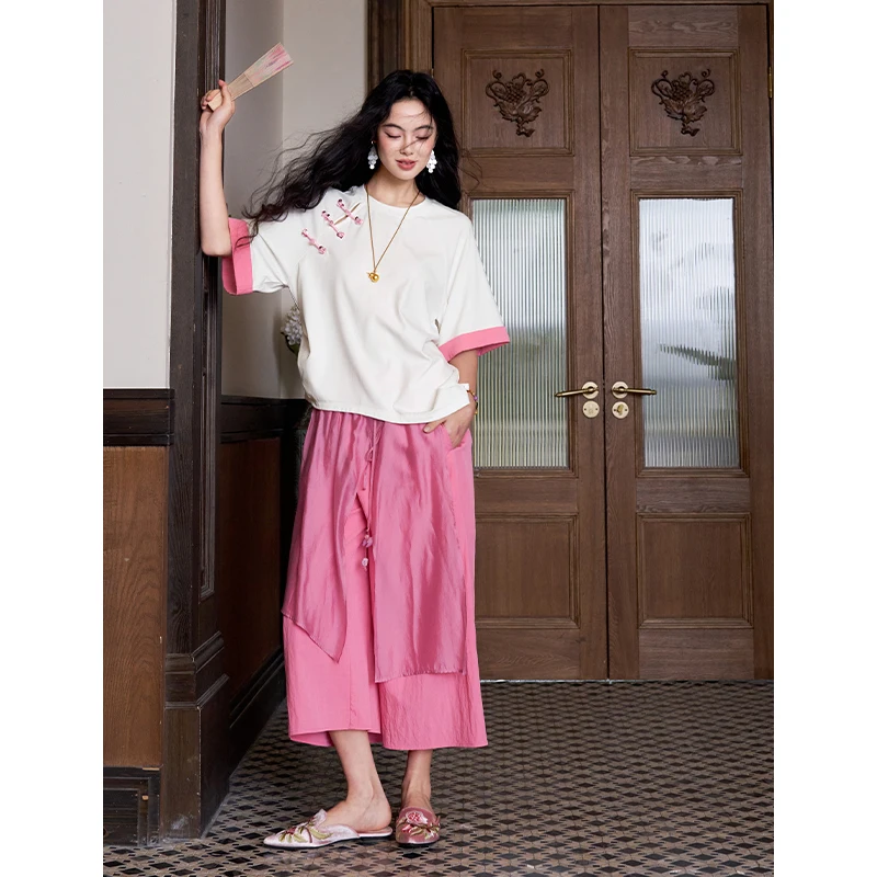 ELFSACK Women's New Chinese Style Frog Button T-Shirt, White & Pink Color Block Casual Tee, Loose Fit Short Sleeve Summer Top