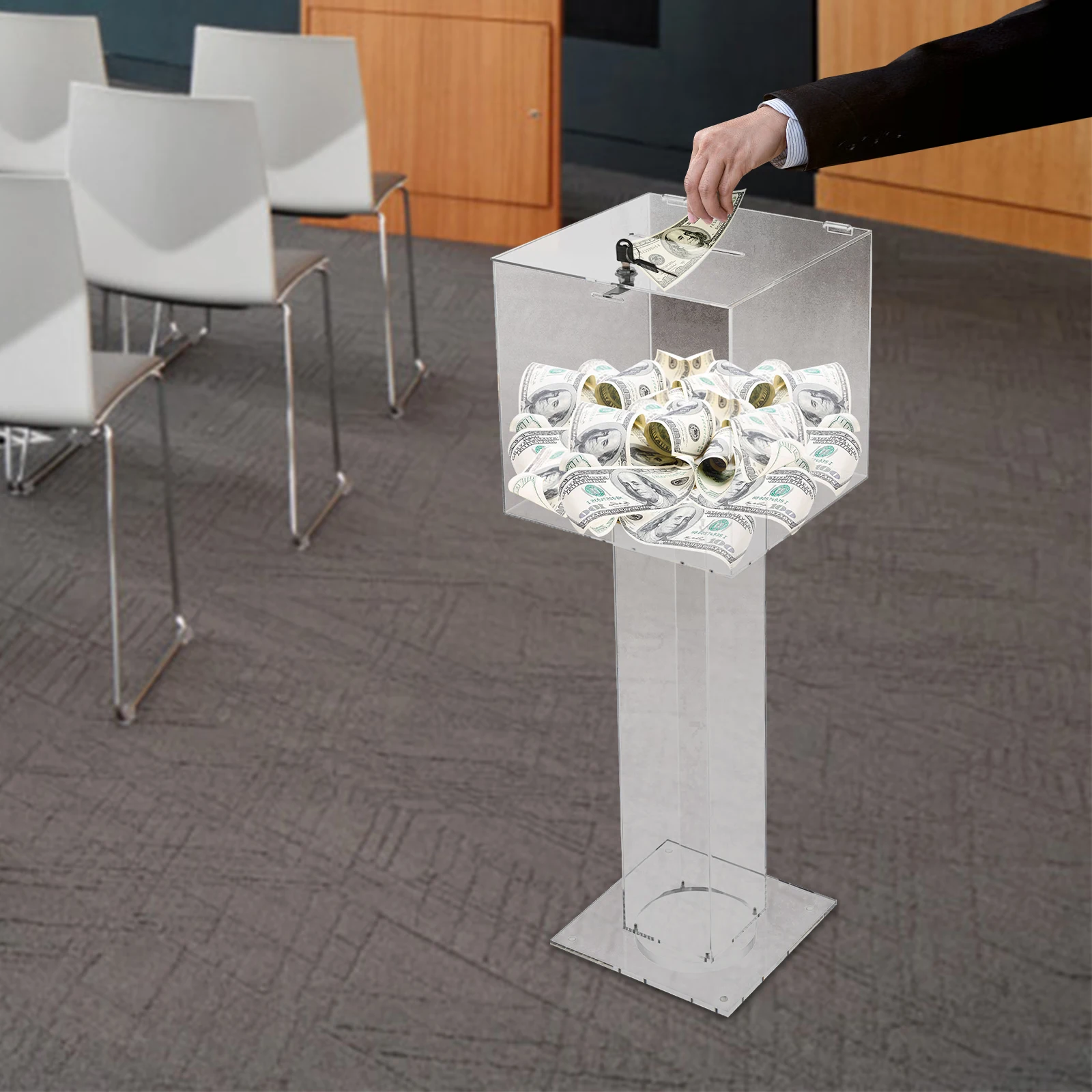 

Modern Clear Acrylic Donation Box with Lock 12x12x34.2in, Free-Standing Suggestion Ballot Box for Restaurants, Hotels & Events