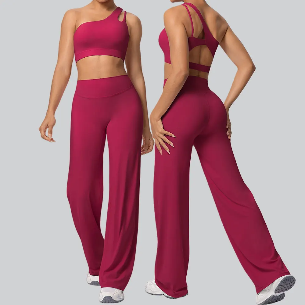 

2PCS Yoga Set Workout Tracksuit Women Crop Top One Shoulder Bra High Waist Flared Pant Suit Female Push Up Fitness Sports Suits
