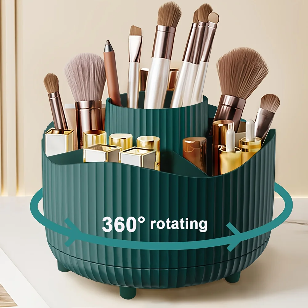 360-Grad Drehbarer Make-up Organizer mit 5 Fächern, Eleganter Gestreifter Vielseitiger Halter für Kosmetik, Pinsel und Bürobedarf