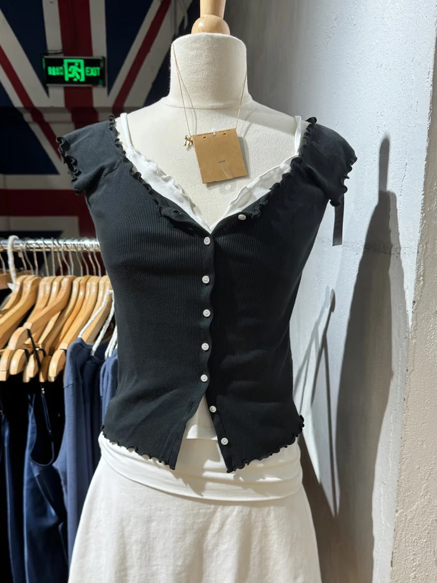 

Solid Ribbed Stretch Slim Short Sleeve T-shirt Women Fungus Trim Scoop Neck Single Breasted Sweet Simple Basic Y2k Top Tee Shirt