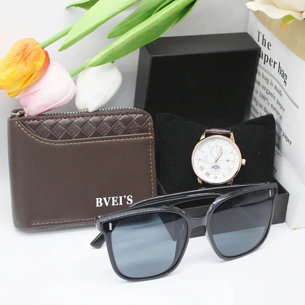 3pcs Set Man Watch Wallets Eye Glasses Portable High Quality Fashion Waterproof Quartz Wrist Watches for Outdoor Sports