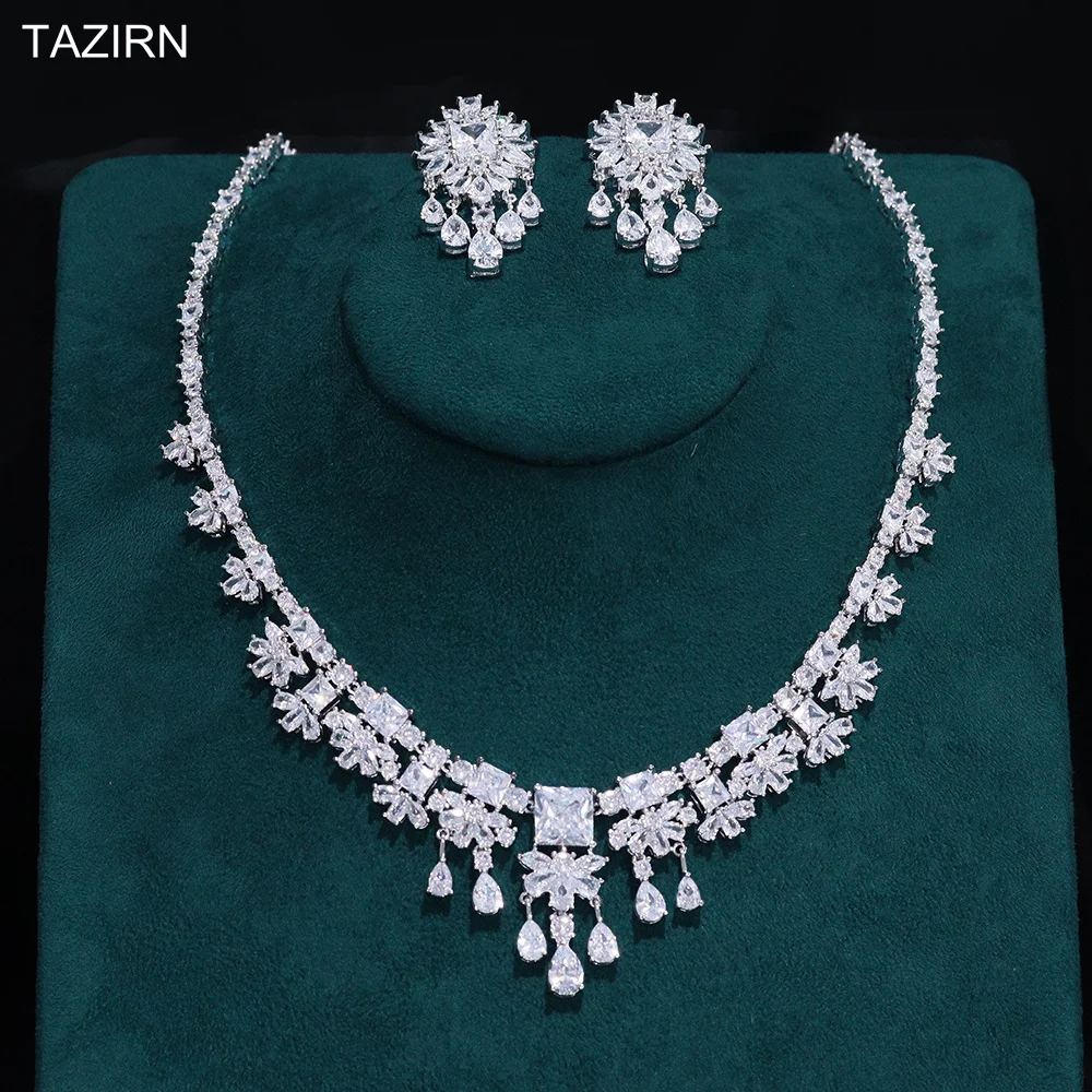 

TAZIRN Luxury 5A Cubic Zirconia 2PCS Floral Jewelry Set for Bridal Wedding Exquisite Necklace and Earrings Sets Accessories Gift