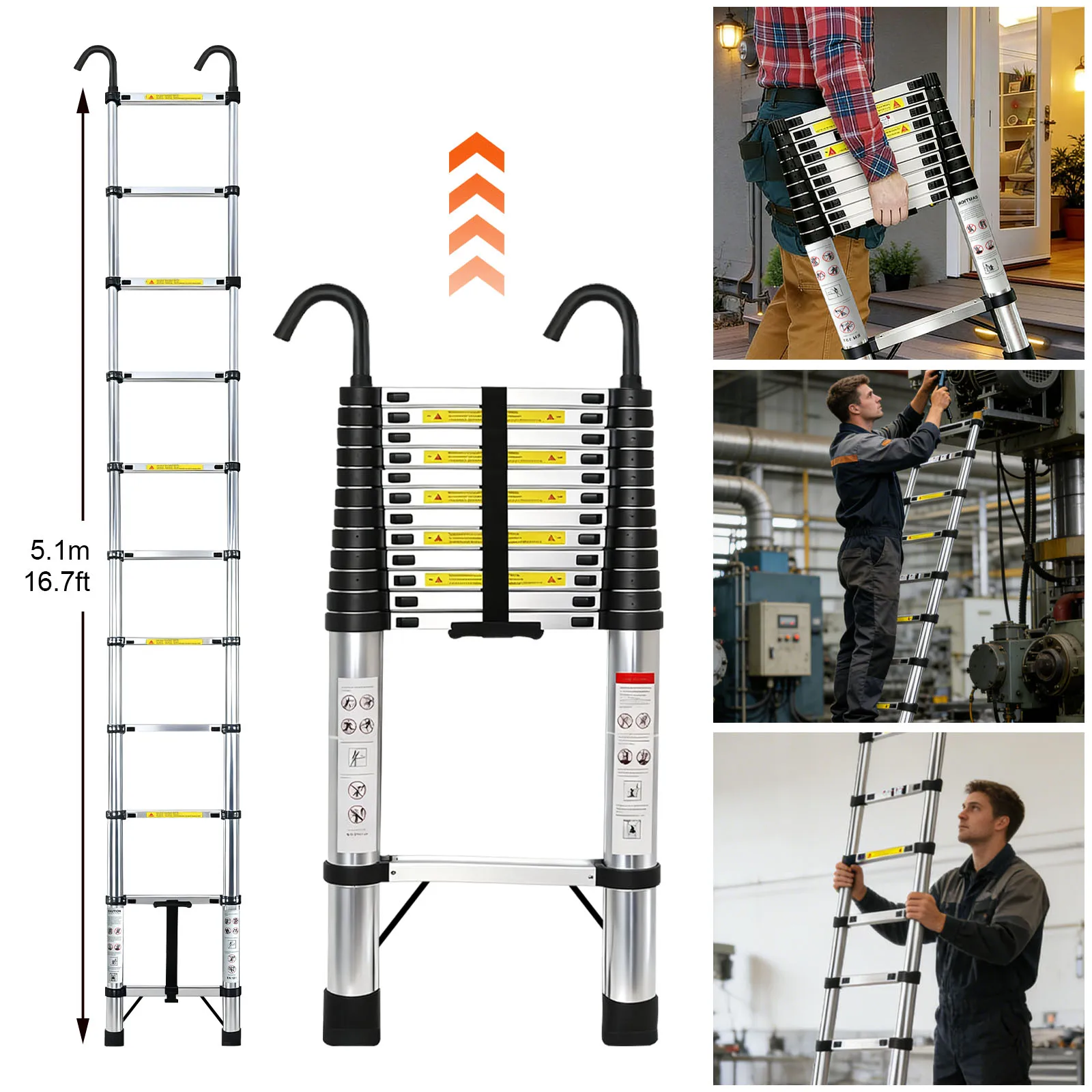 Telescopische ladder 2,6M-6,3M uitschuifladder roestvrij staal draagbaar EN131-norm met afneembare haken 150kg draagvermogen