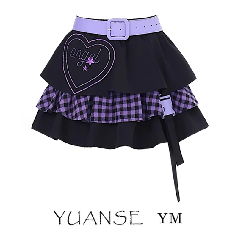 Japanese Millennium Hot Girl Style Heart Printing Plaid Short Stitching Y2K Skirt High Waist A-line Mini Pleated Skirts Women