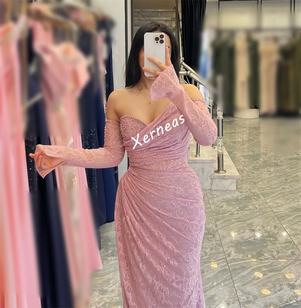 تخصيص الدانتيل الطية الديكور خارج على الكتف البوق فساتين طويلة مخصصة مناسبة مساء اللباس عالية الجودة حزب ثوب