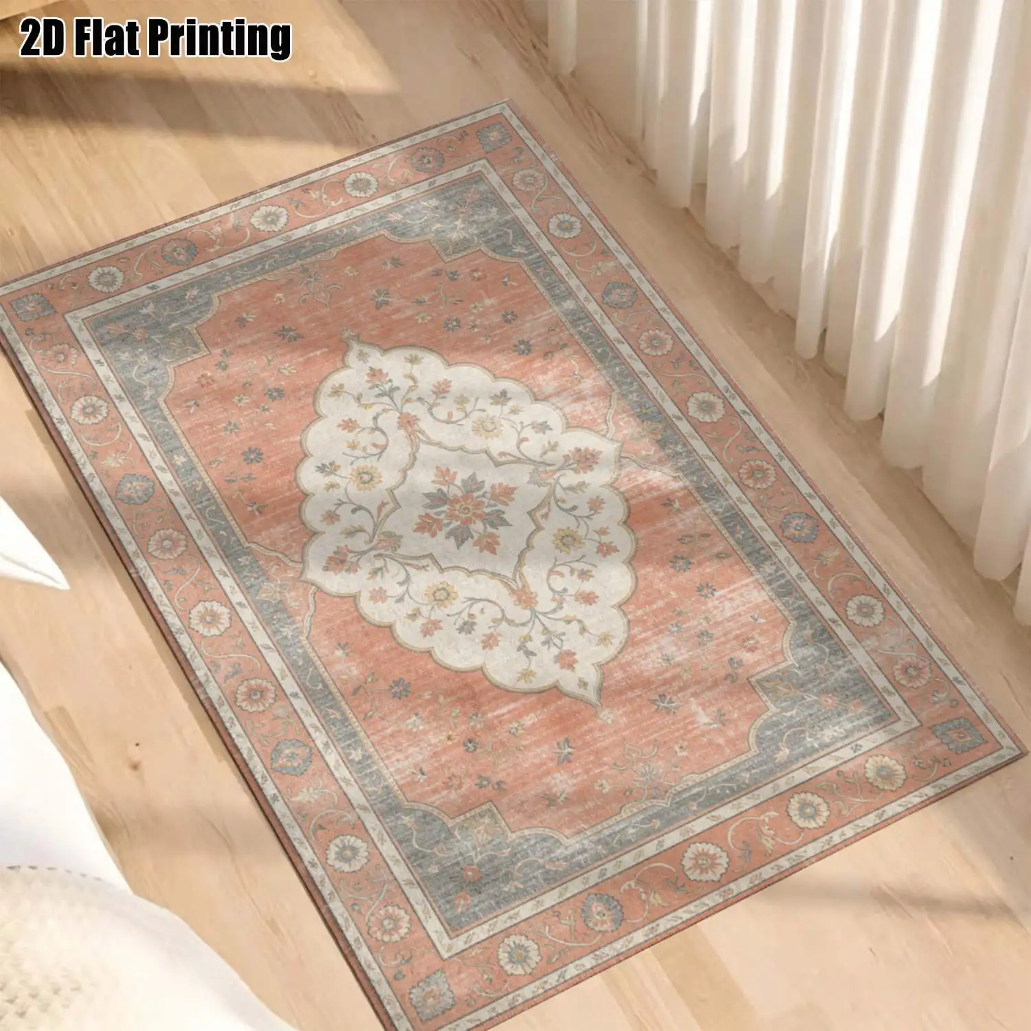 1Pc 2D Printed Retro Pink Floral Carpet: European, Vintage, Geometric, Bohemian Style, Machine Washable, Multi-Size, for Home Decoration, Entrance/Dining Room/Foyer/Bedroom/Living Room