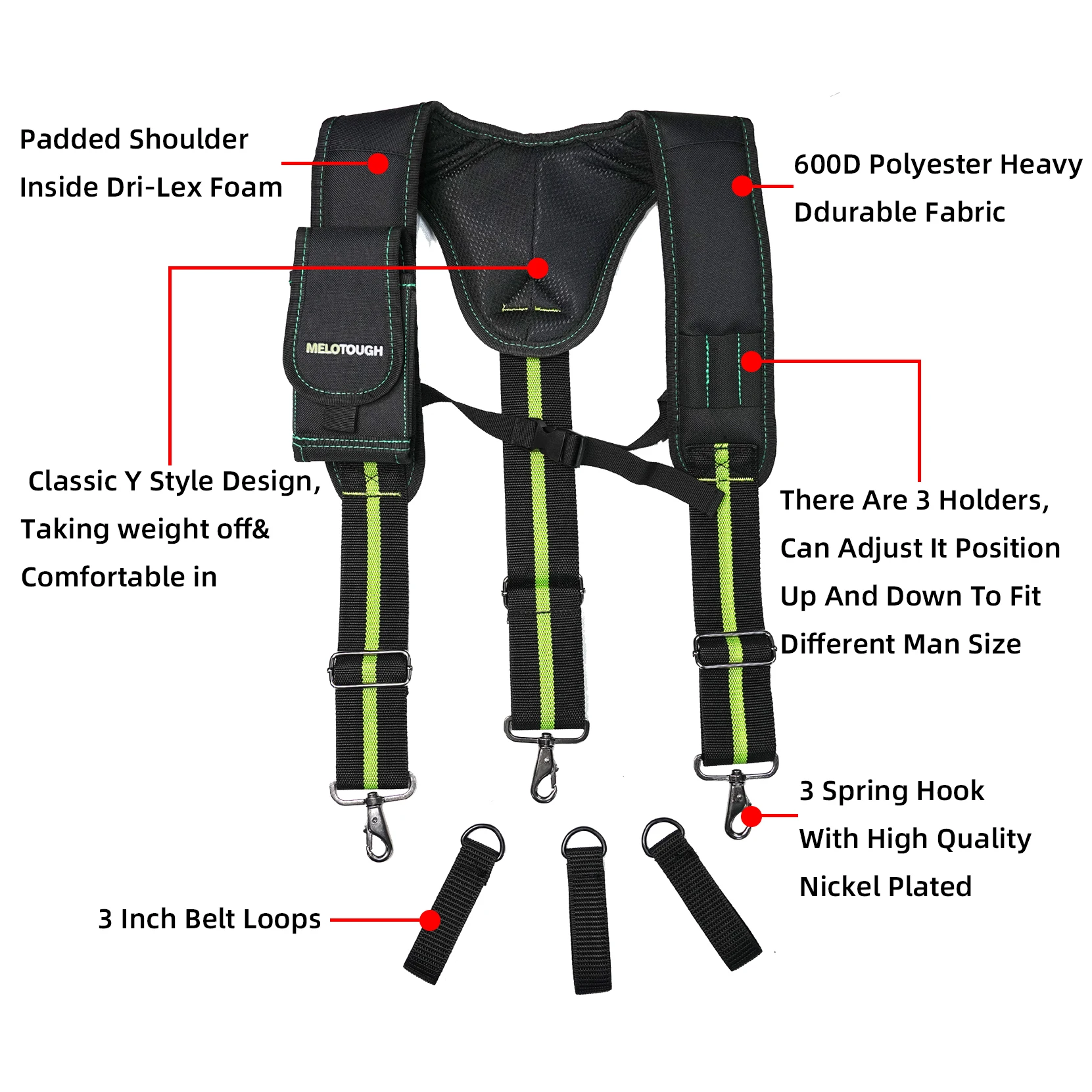 MELOTOUGH Work Suspenders Tool Belt Suspenders with Large Moveable Phone Holder, Pencil Holder