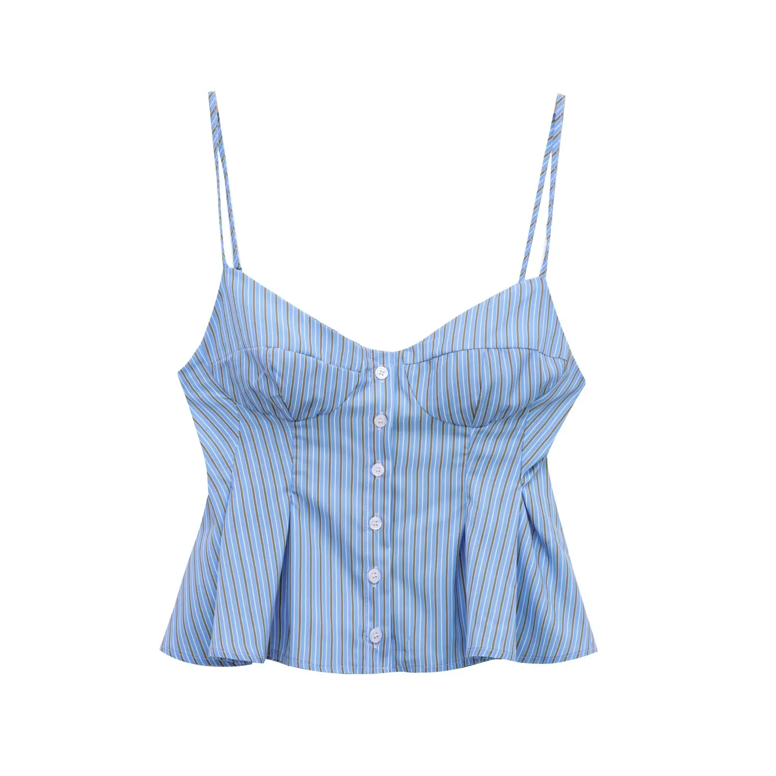 Zevity 2025 여성 세련된 섹시한 민소매 스트라이프 프린트 슬링 Camis 탱크 레이디 싱글 브레스트 플리츠 슬림 셔츠 블라우스 탑 LS2618