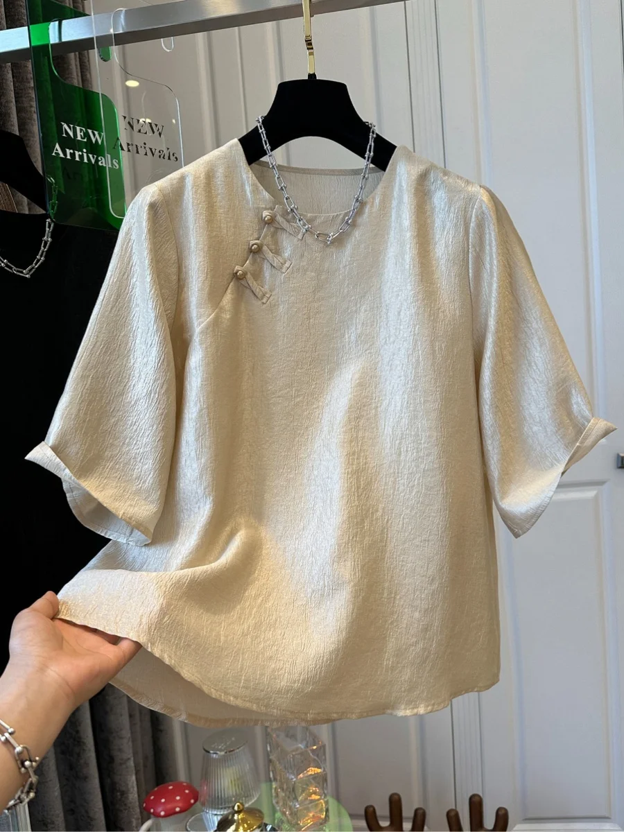 

Свободная футболка с жемчужной текстурой или Све, женская летняя модная футболка на пуговицах, дышащий легкий круглый топ