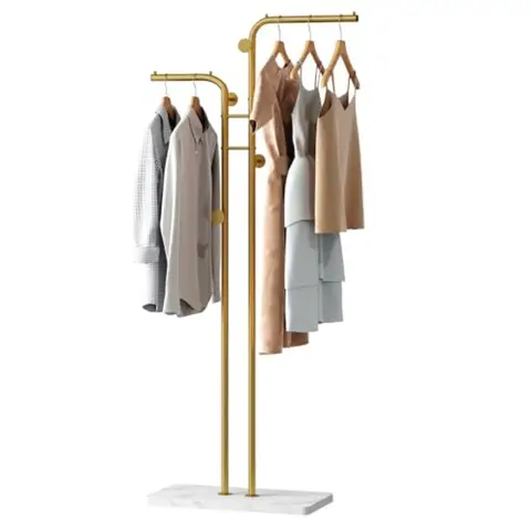 Coat Rack Freestanding Metal Coat Racks Double-pole Clothes Hat Stand with 5 Hooks for Closet Bedroom Entryway Living Room Gold