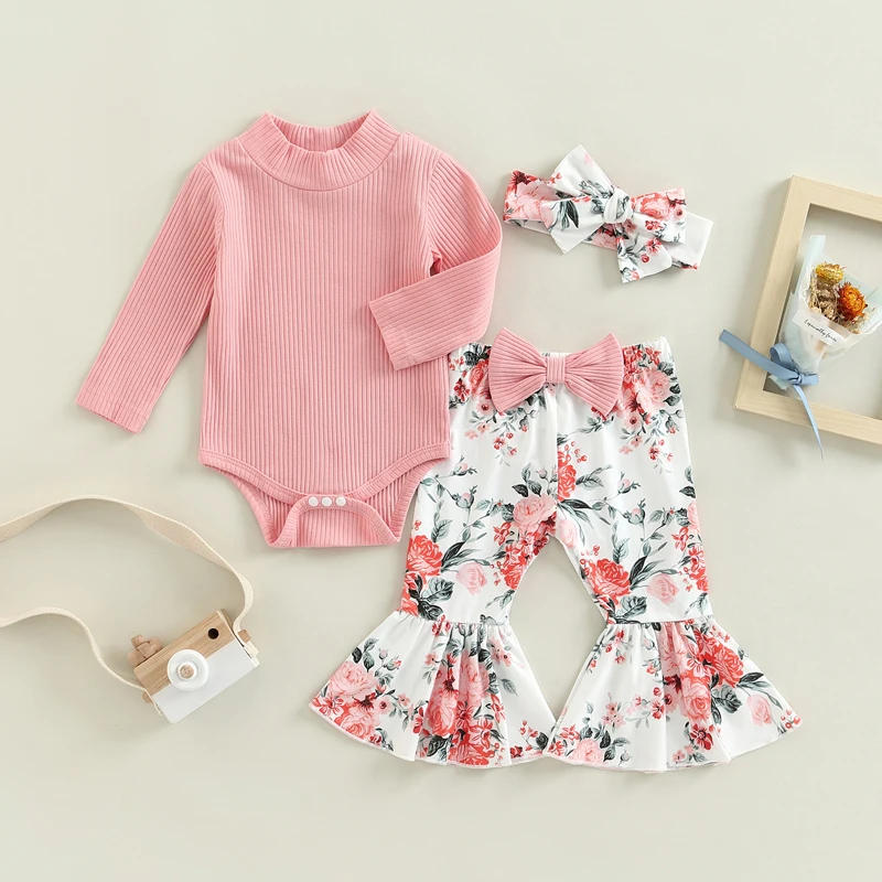 0-18M Baby Girl Casual Autumn Suit Solid Color Rib Long Sleeve Turtleneck Jumpsuit + Mosaic Print Flared Pants + Headband