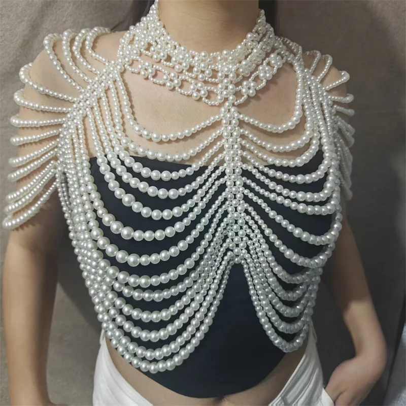 Damen-Top, mehrschichtige Perlen-Körperkette, handgewebter Schal, Harness, Braut- und Abendkleid-Accessoire, Party-Top, Damenbekleidung – Detail 4