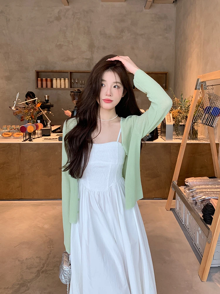 

Chen DaYu Вязаный открытый кардиган из ледяного шелка, легкий летний кондиционер, накидка, топ, женский модный корейский Sle V...