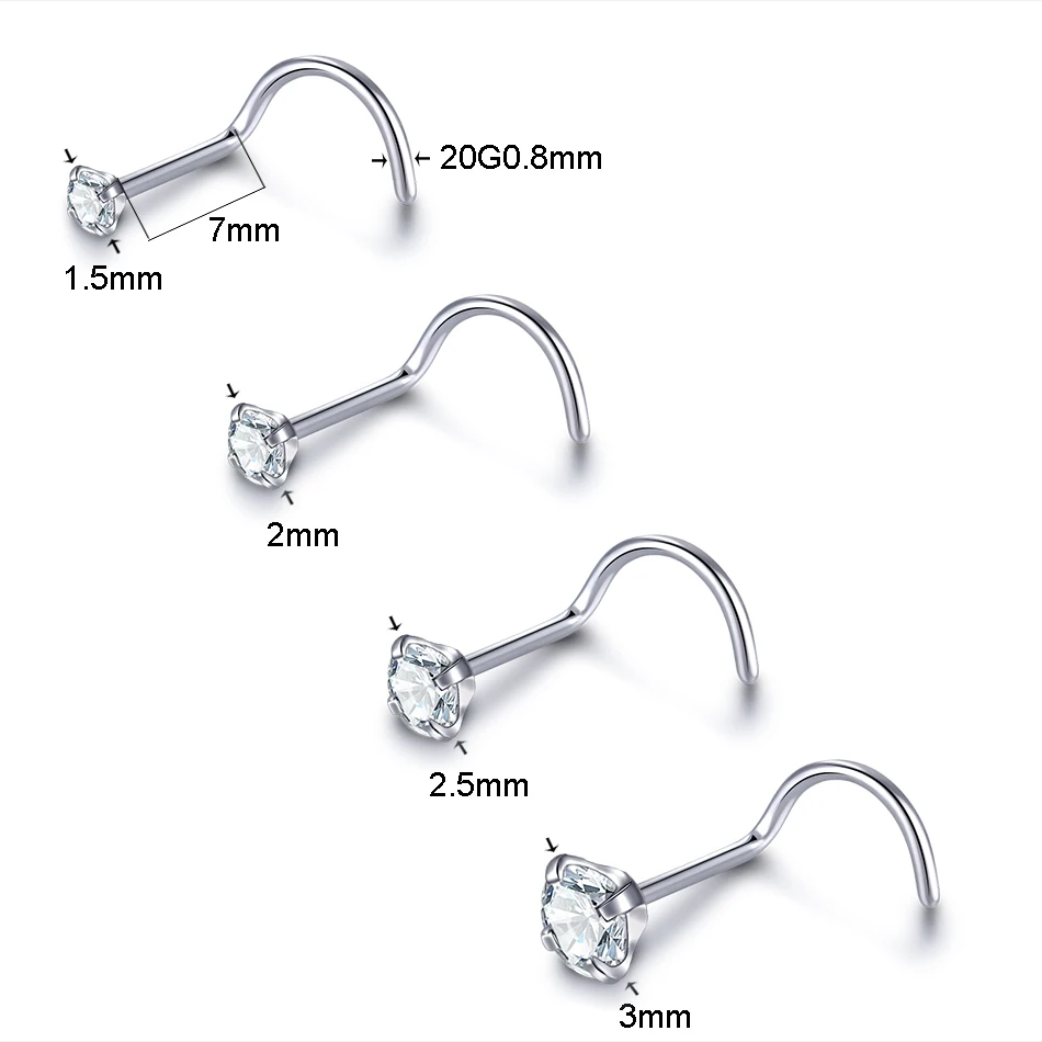 1PC Titanium 20G 1.5/2/2.5/3mm Zircon Gem Bone Nose Stud Piercing Screw Prong CZ Nostril Earring Nariz Piercings Sexy Jewelry