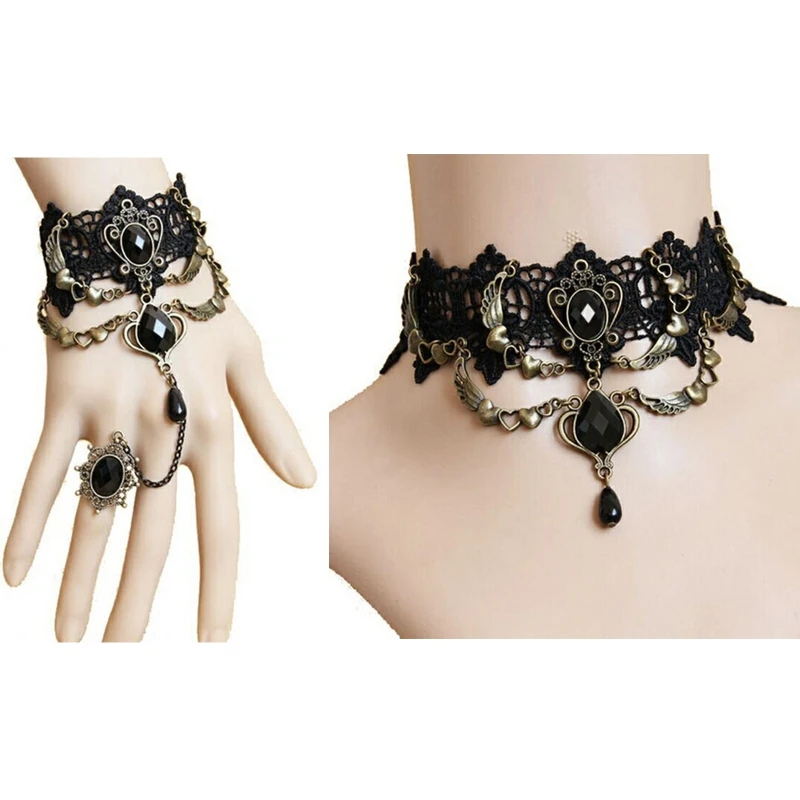 

Sexy Retro Gothic Punk Necklace Bracelet Black Lace Neck Chain Collar Statement Choker Victorian Steampunk Jewelry P8DB