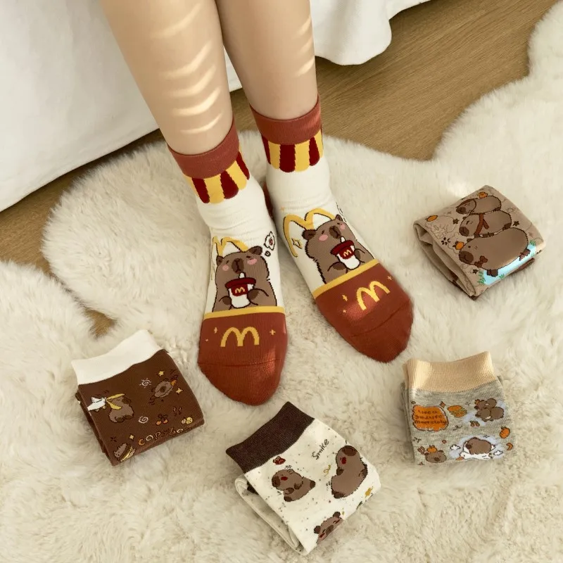 Cute Cartoon Printed Women's Socks Cotton Mid-Tube Anime Capybara Lolita Lovely Ankle Socks Wholesale