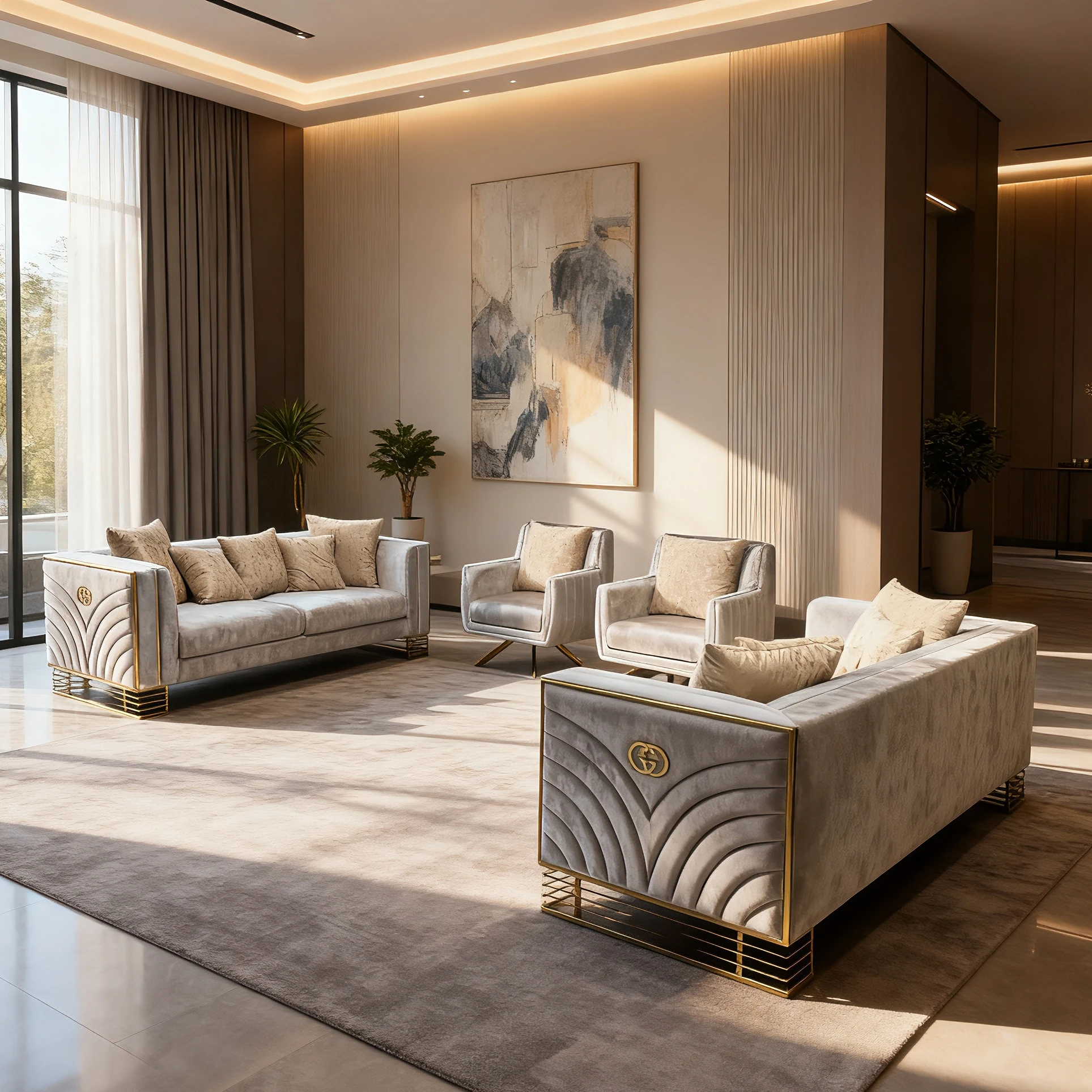 

# Turkish Style Modern Sofa Set Velvet Fabric Sofa Loveseat with Gold Steel Decoration Living Room Furniture