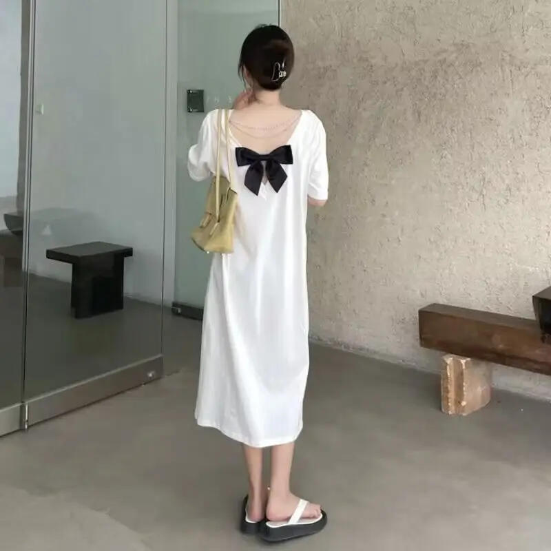 Casual Cotton Summer Women's Dresses O-Neck Solid Short Sleeve Long Midi Dress Fashion Backless Bowknot Sundress Female Clothing