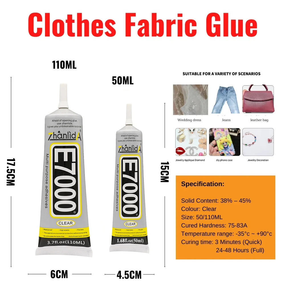 E7000 Colla trasparente a contatto Adesivo per tessuto in fibra di stoffa fai-da-te multiuso per abito da sposa Borsa in pelle Vetro diamantato